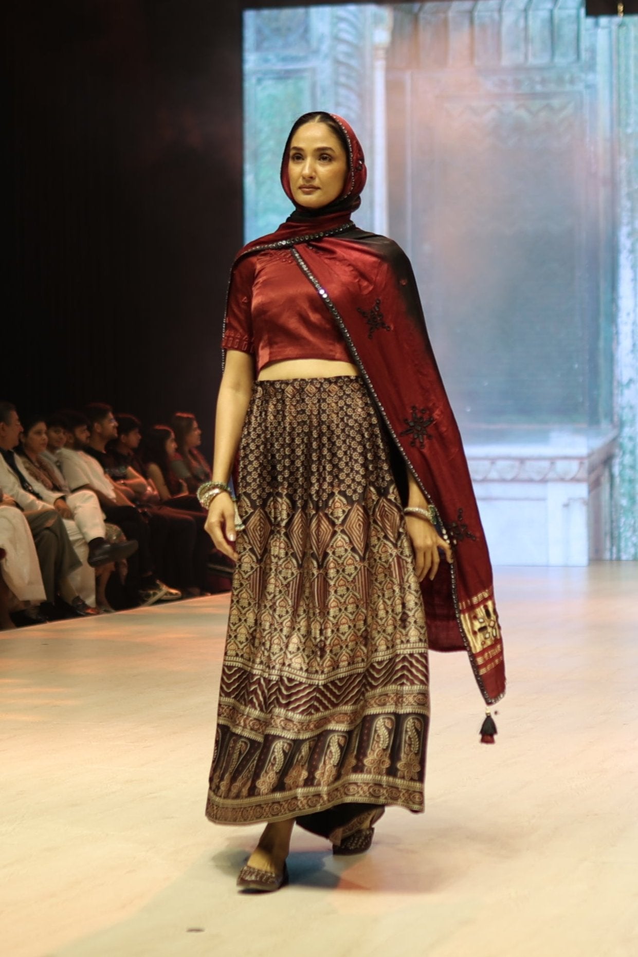 Pure Modal Silk Ajrak Print Lehenga Set with Maroon Mirror Work Blouse and Gaji Silk Dupatta