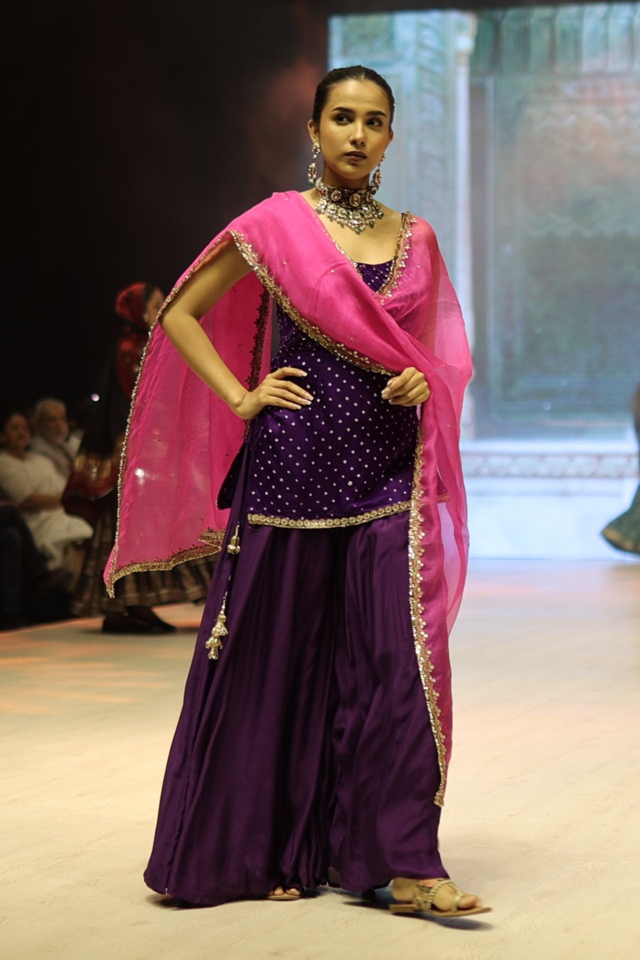 Elegant Bandhej Gazzi Silk Sharara Set with Gota Patti Dupatta