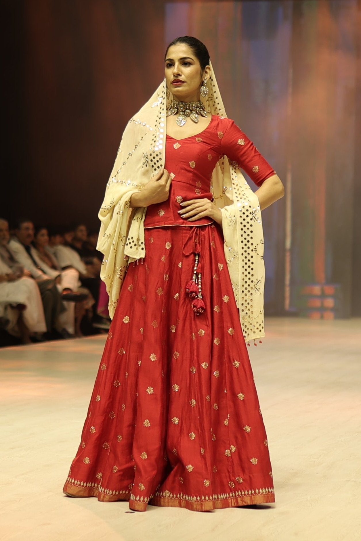 Red Silk Boutique Lehenga with Matching Blouse and Georgette Mukesh Dupatta