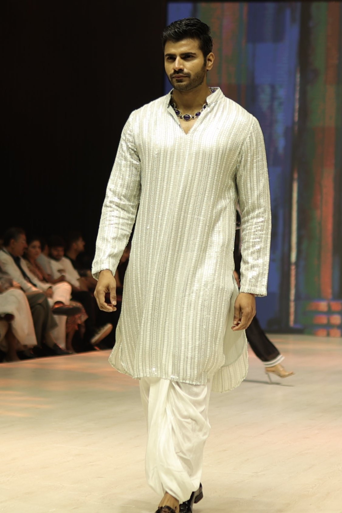 Men's White Sequins Work Kurta with Dhoti Set