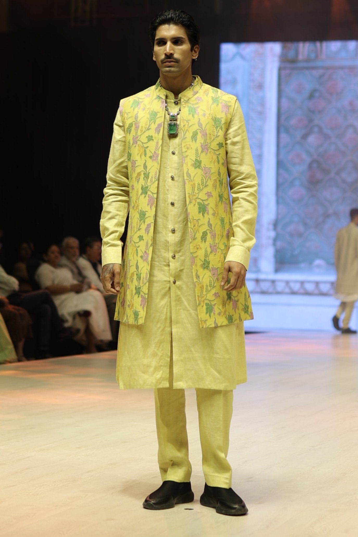 Pure Yellow Linen Kurta Set with Handloom Moonga Long Jacket