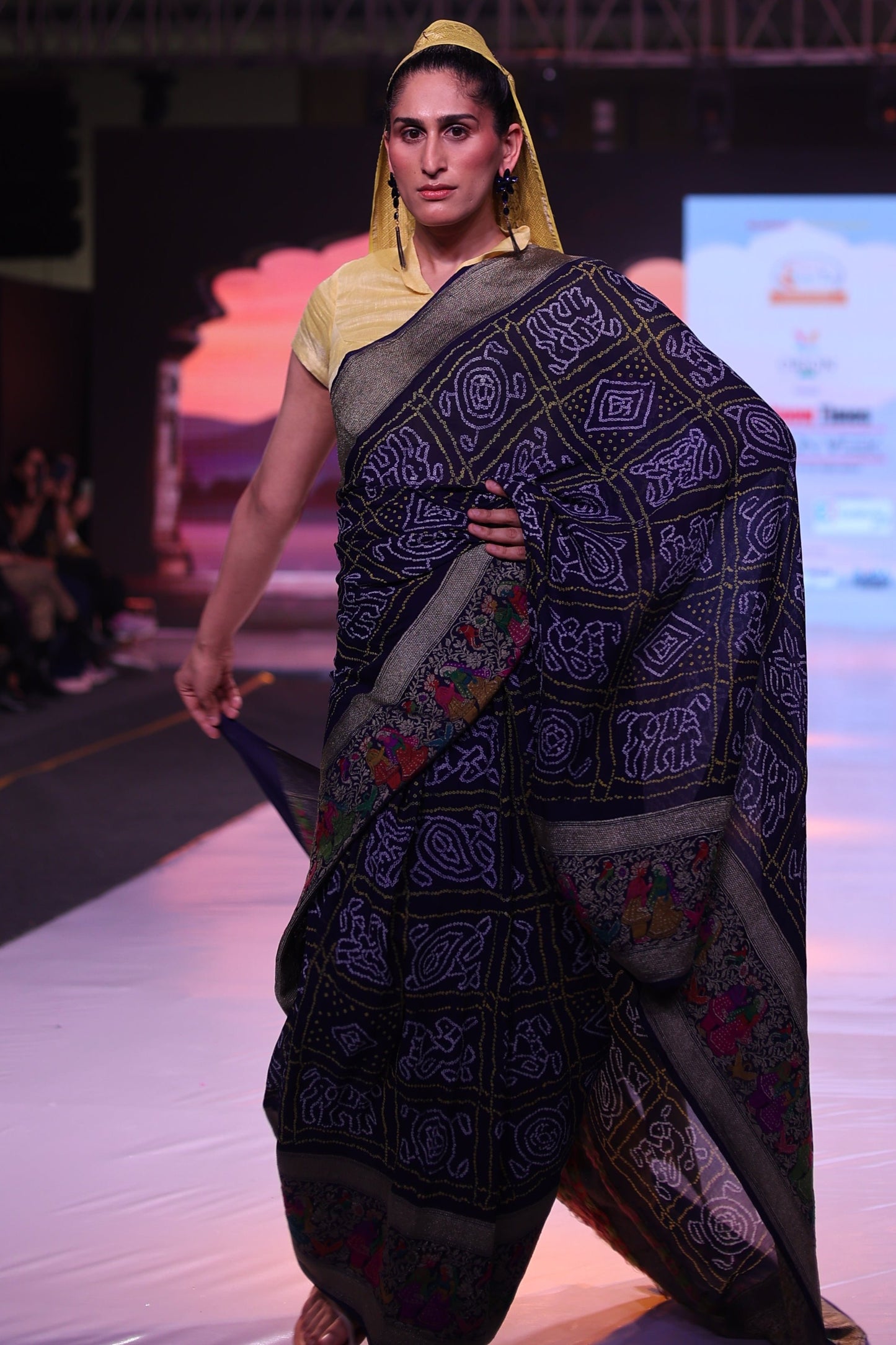 Royal Blue Bandhej Saree with Tulsi Pooja Border and Yellow Zari Dupatta