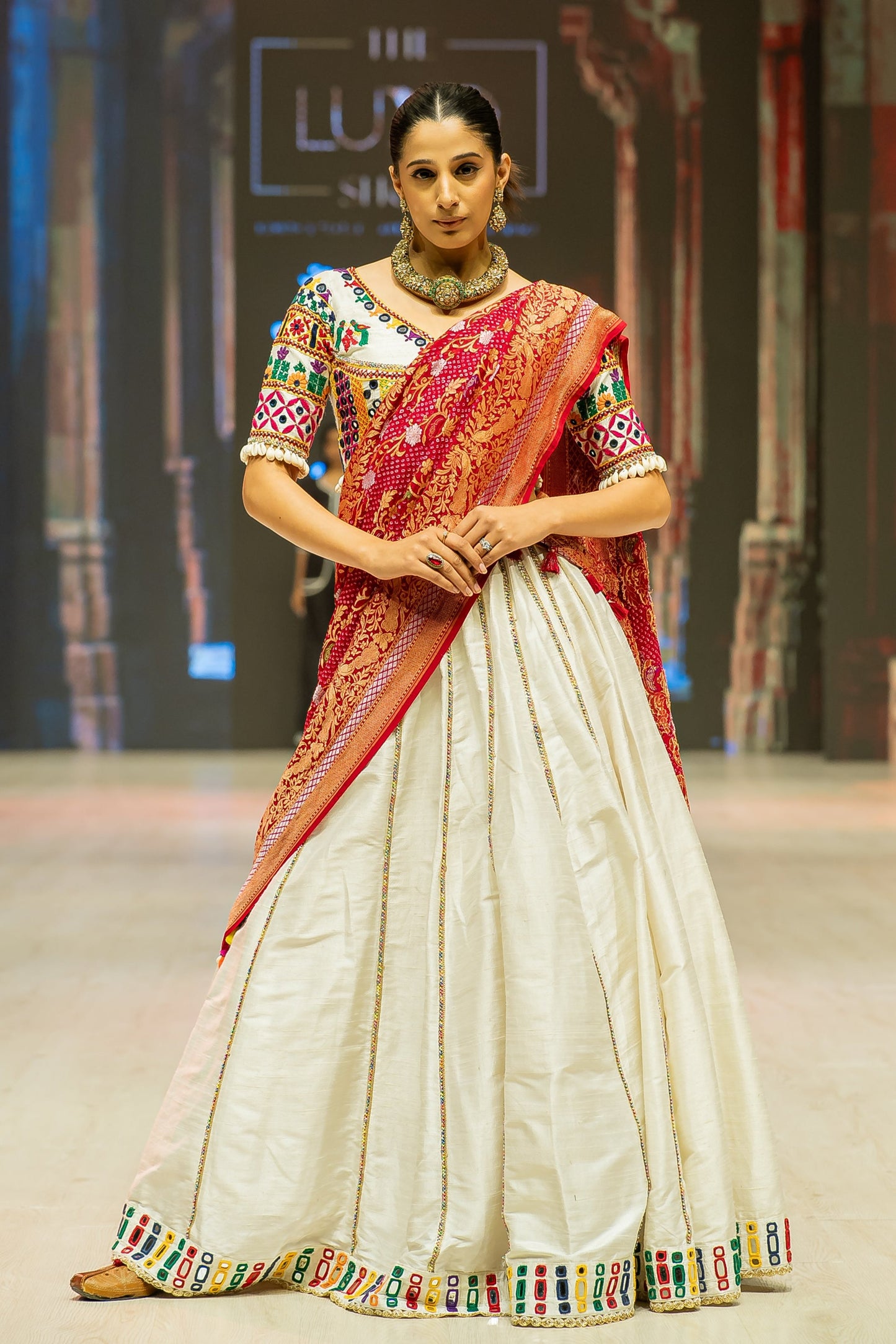 White Raw Silk Lehenga with Multicolor Mirror Work Border and Bandhani Dupatta
