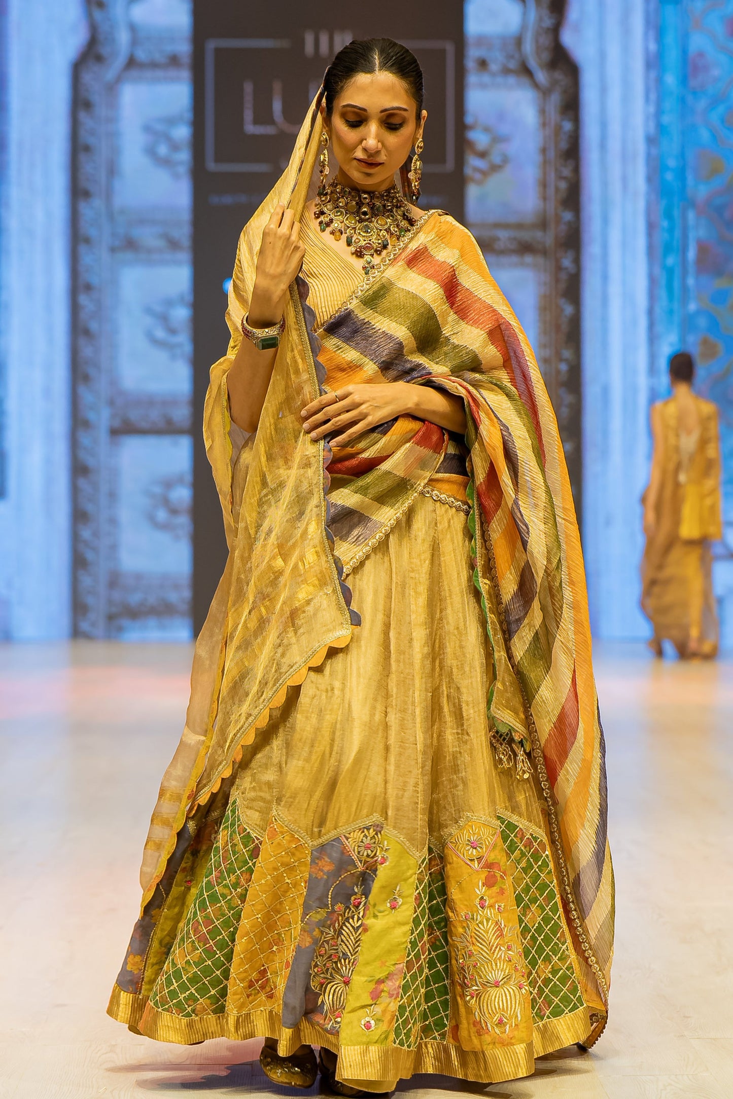 Golden Tissue Lehenga with Silk Blouse and Tissue Dupatta