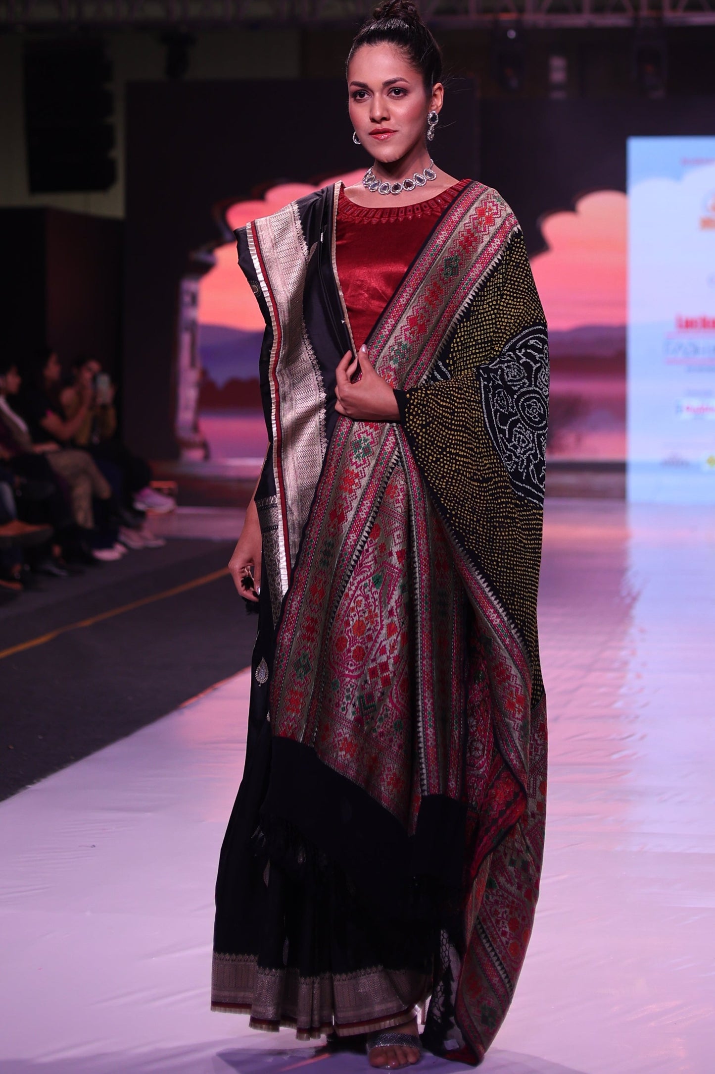 Black Banarasi Silk Saree with Maroon Mirror Work Blouse and Bandhej Dupatta