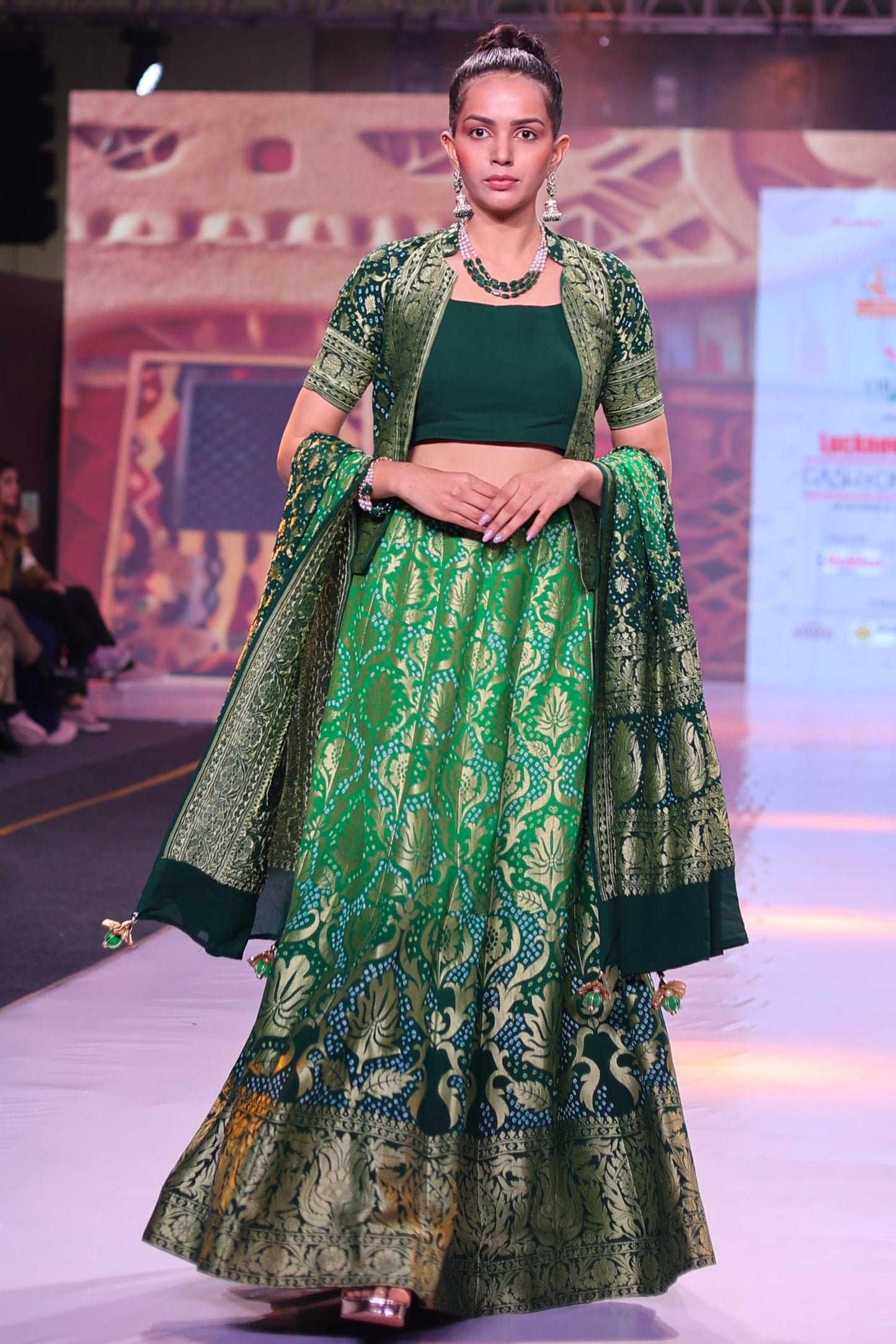 Green Bandhej Lehenga Set with Short Jacket and Dupatta